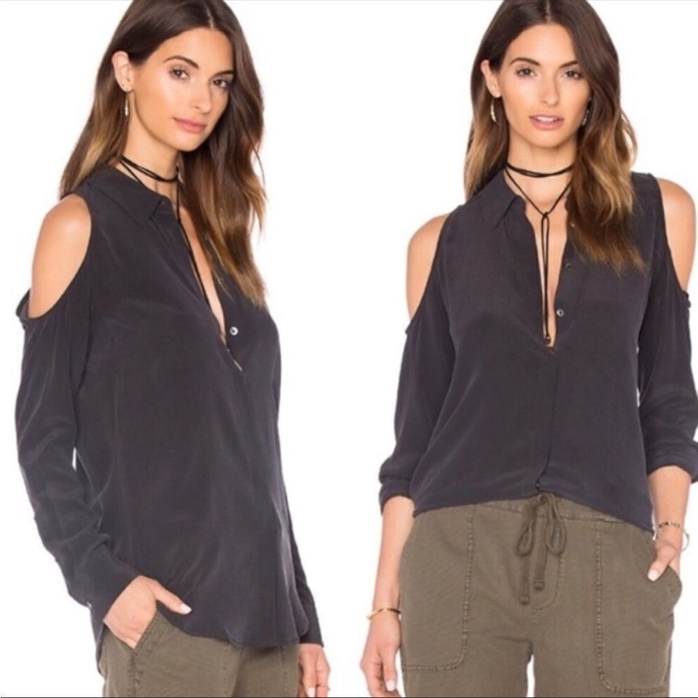 EQUIPMENT FEMME | Nixie Silk Cold Shoulder Black Button Down Top Women’s Size S